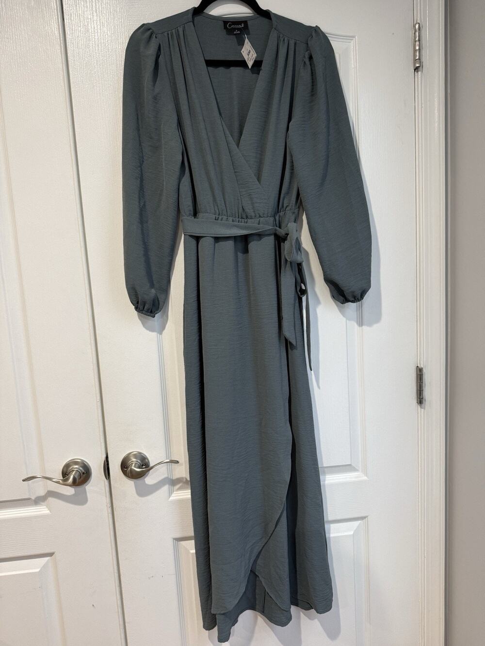 NWT Connected Apparel Slate Blue Sage Tie Waist Faux Wrap Maxi Dress Size 6 Belt